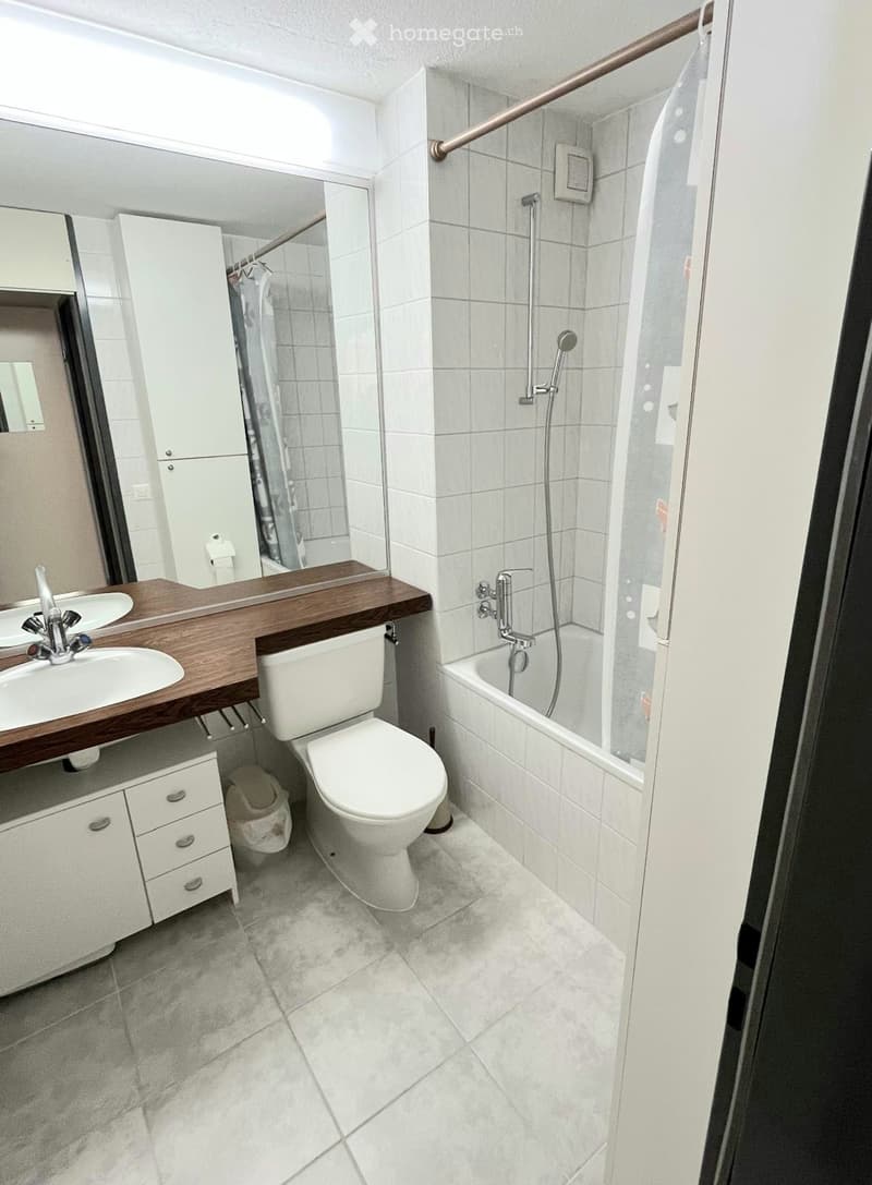 Modern bathroom with a double sink, toilet, bathtub, and a glass-enclosed shower area. Features include a wooden countertop, white tiles, and a large mirror.