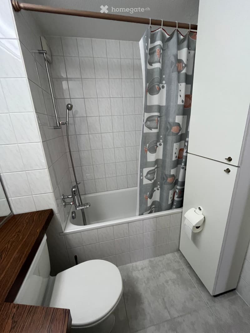 Small bathroom with a toilet, bathtub, shower curtain, and a wooden shelf.