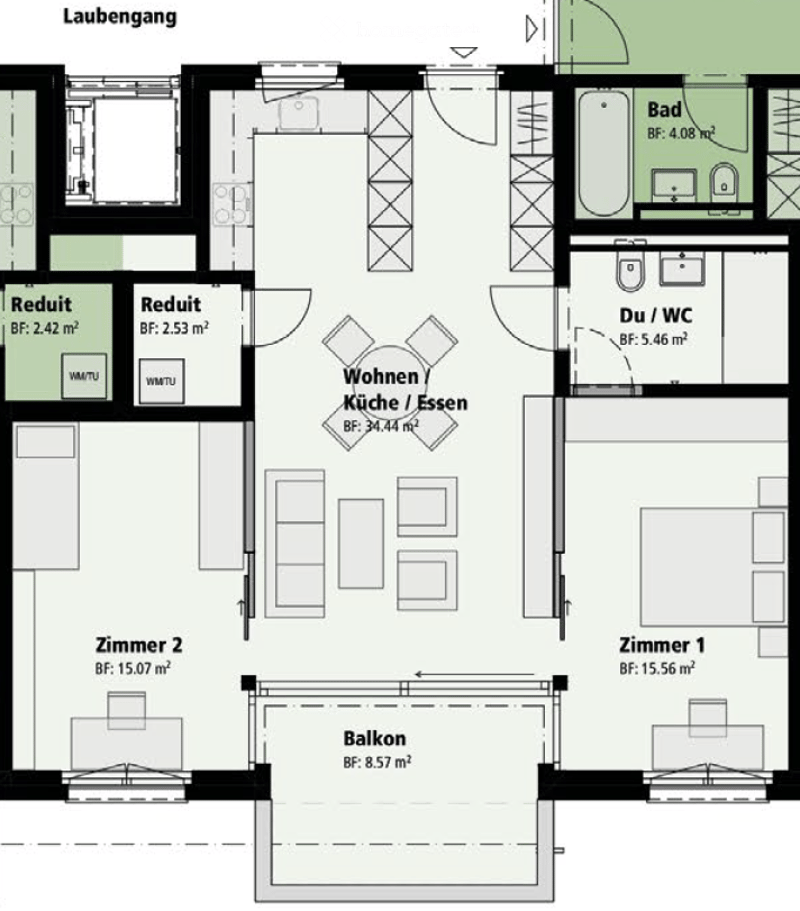 Floor plan showing a living/dining/kitchen area, two bedrooms, two bathrooms, hallway, and balcony.