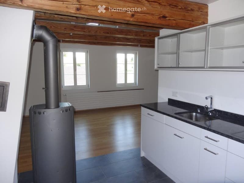 Modern kitchen with white cabinets, black countertop, stainless steel sink, and a wood-burning stove. The room features wooden flooring and large windows.