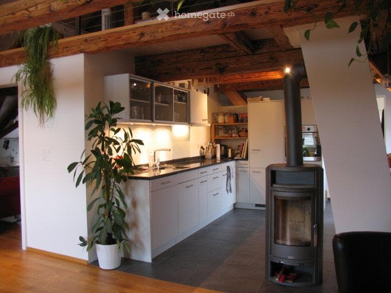 Modern kitchen with white cabinets, stainless steel sink, stove, and a wood-burning fireplace. Features exposed wooden beams and a large potted plant.