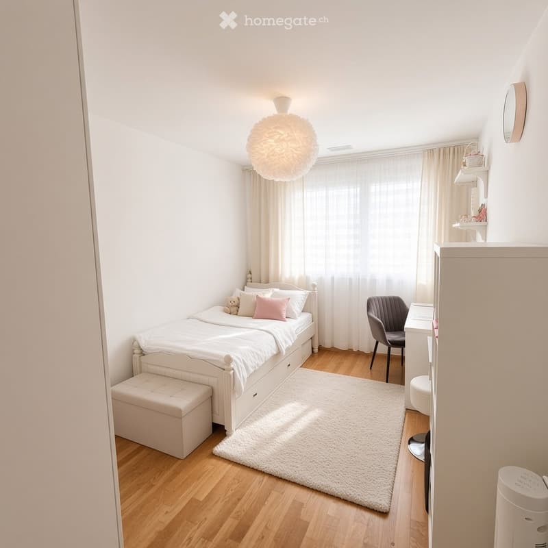 Cozy bedroom with a white bed, beige stool, grey chair, white rug, and a round lamp hanging from the ceiling.