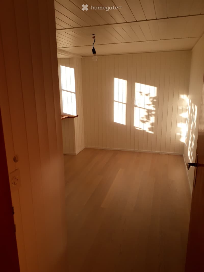 Empty room with wooden flooring, white paneled walls, and a single hanging light fixture. Sunlight streams through three windows, casting shadows on the walls.