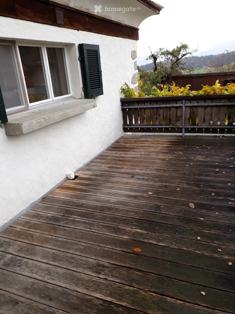 Wooden balcony with metal railing, window with shutters, and small planter box with plants.