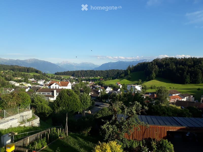 A panoramic view of a small village nestled in a valley with green fields, scattered houses, and distant mountains under a clear blue sky.