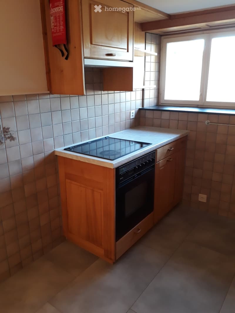 Modern kitchen with wooden cabinets, an induction stove, and an oven. The walls are tiled, and there is a window providing natural light.