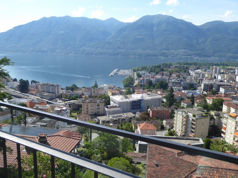 Panoramic view from a balcony overlooking a cityscape, lake, and mountains.