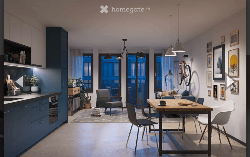 Modern open-plan living and dining area with a kitchen, featuring a sofa, dining table, chairs, pendant lights, and framed pictures on the wall. The kitchen includes cabinets, an oven, and a sink.
