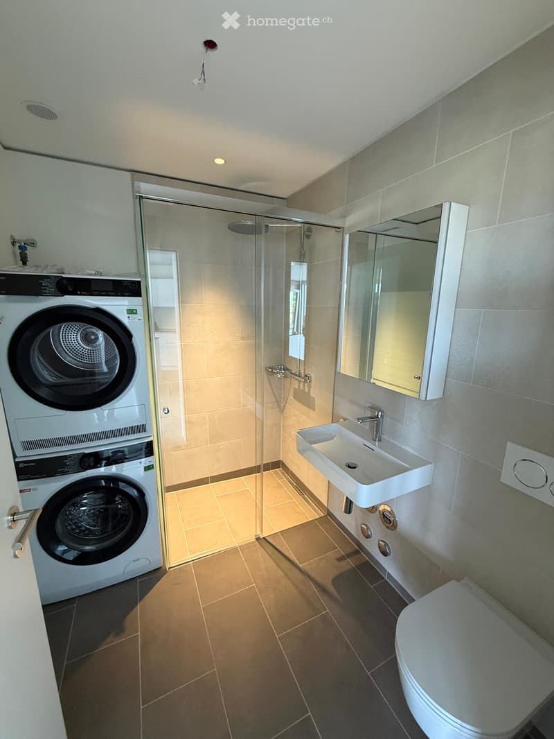 Modern bathroom with a toilet, sink, mirror, glass-enclosed shower, and a private washing machine.