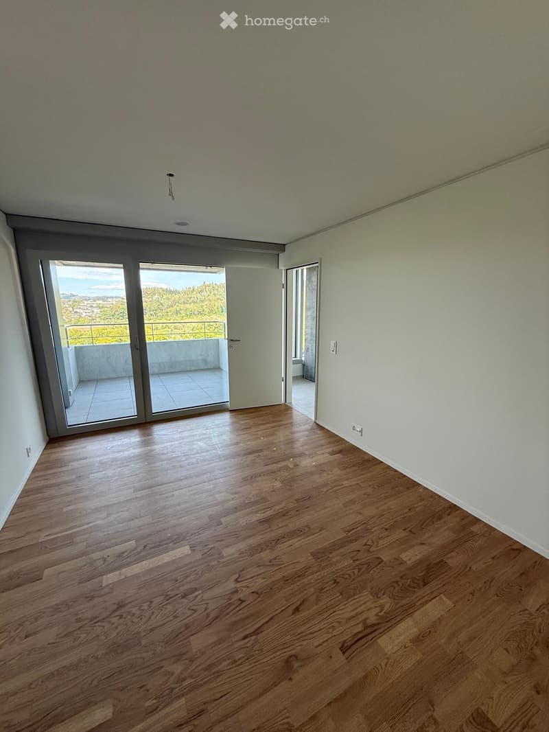 Empty room with wooden flooring, large sliding glass doors leading to a balcony with a view, and white walls.