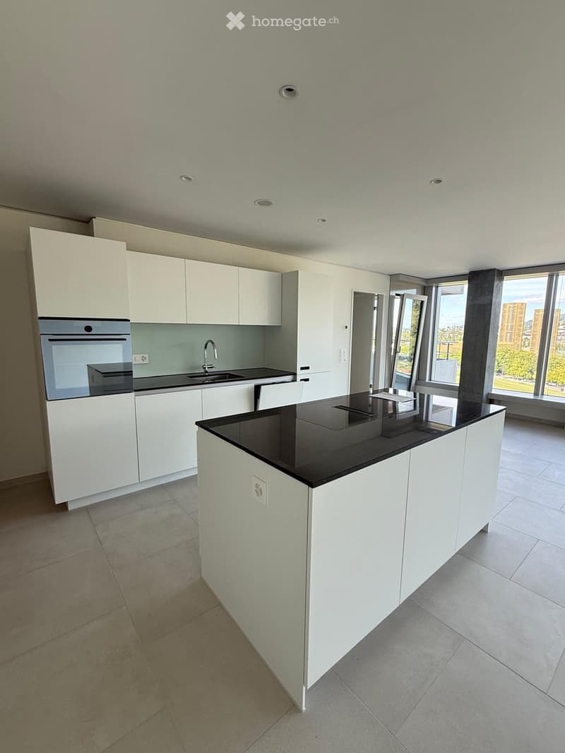 Modern kitchen with white cabinetry, black countertop, built-in oven, sink, and large windows offering a view.