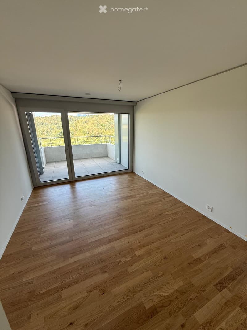 Empty room with wooden flooring, white walls, and a large sliding glass door leading to a balcony with a scenic view.