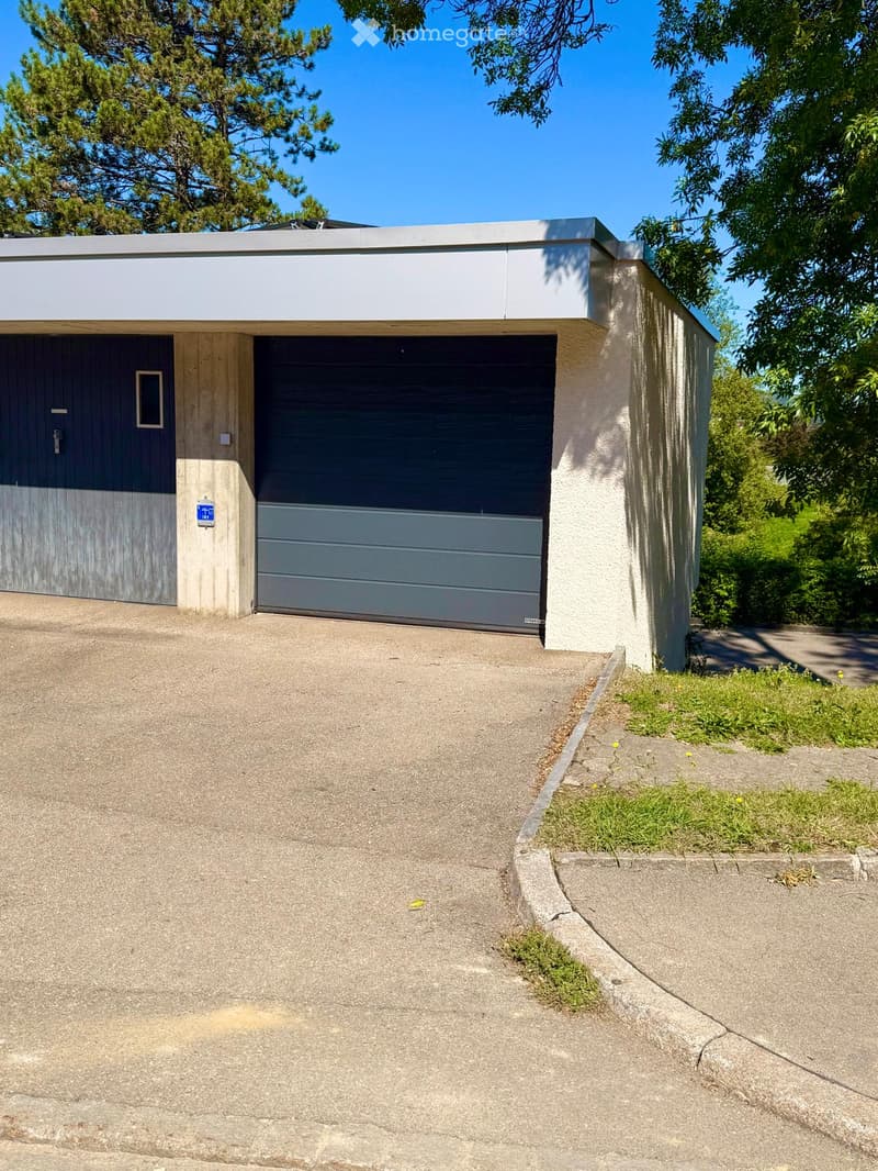 Modern two-car garage with a flat roof, grey doors, and a small entrance door on the left. The driveway is concrete, and there is some grass along the edge.