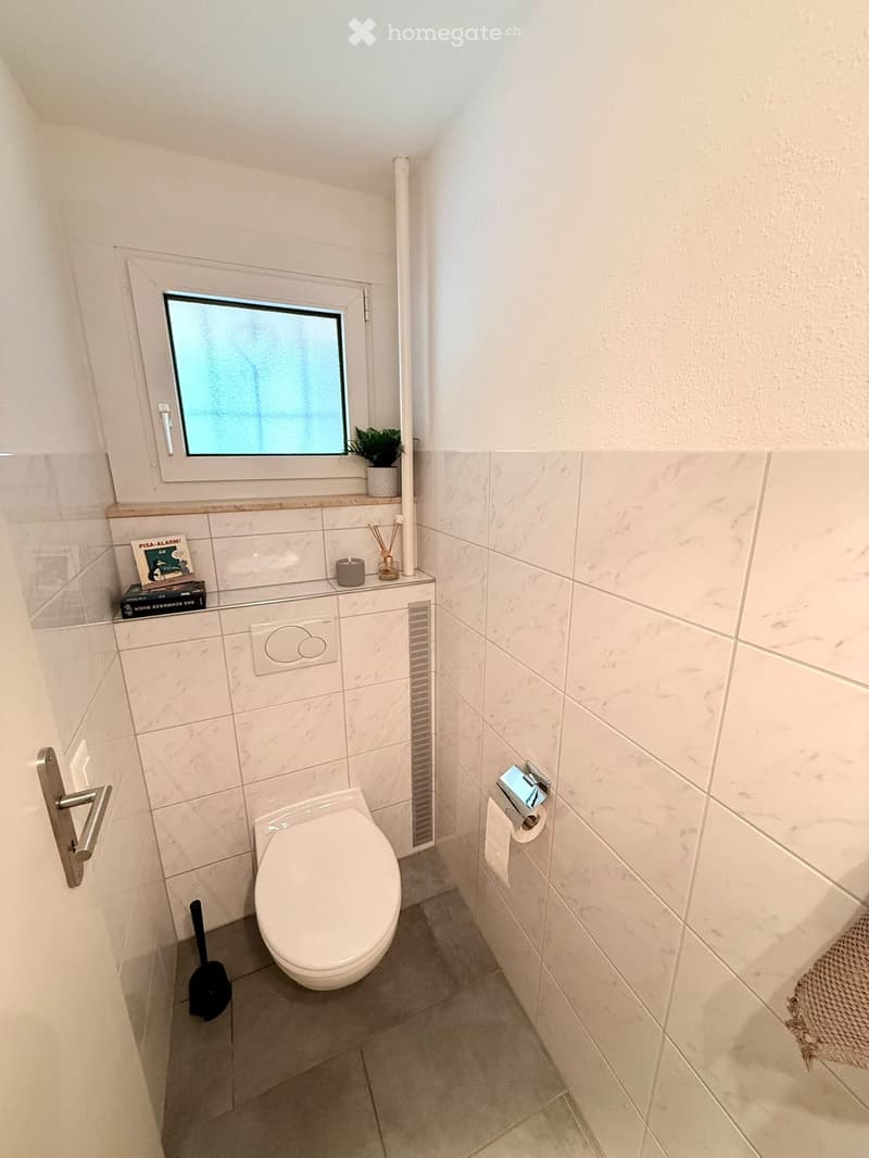 Modern bathroom with white marble tiles, a toilet, toilet paper holder, toilet brush, small window, shelf with a candle, book, and plant.