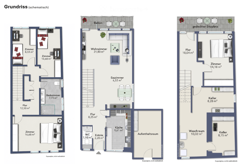Floor plan showing three different layouts: a bedroom with a balcony, a living room with a dining area, and a covered outdoor seating area.