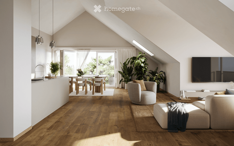 Modern, open-concept living and dining area with wooden flooring, large windows, and a mix of contemporary furniture including a sofa, ottoman, coffee table, dining table, and chairs.
