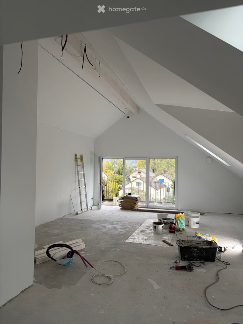 Empty attic space with white walls, concrete floor, skylight windows, and scattered construction materials including buckets, tools, and a ladder.