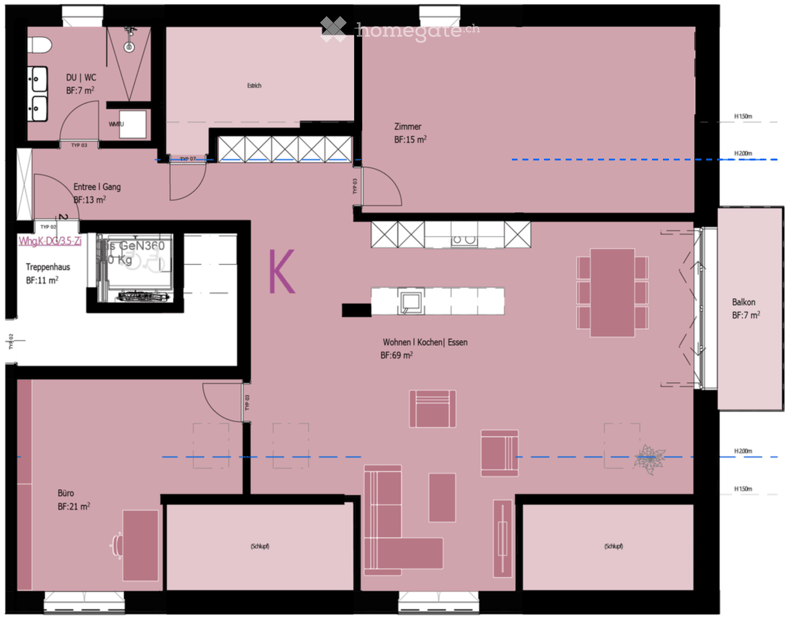 Floor plan showing a combined living, kitchen, and dining area, a bedroom, a bathroom, a hallway, a staircase, a balcony, and an office.