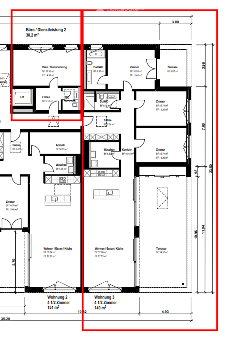 Floor plan of a multi-unit building with three apartments, including offices, bathrooms, living spaces, and terraces.