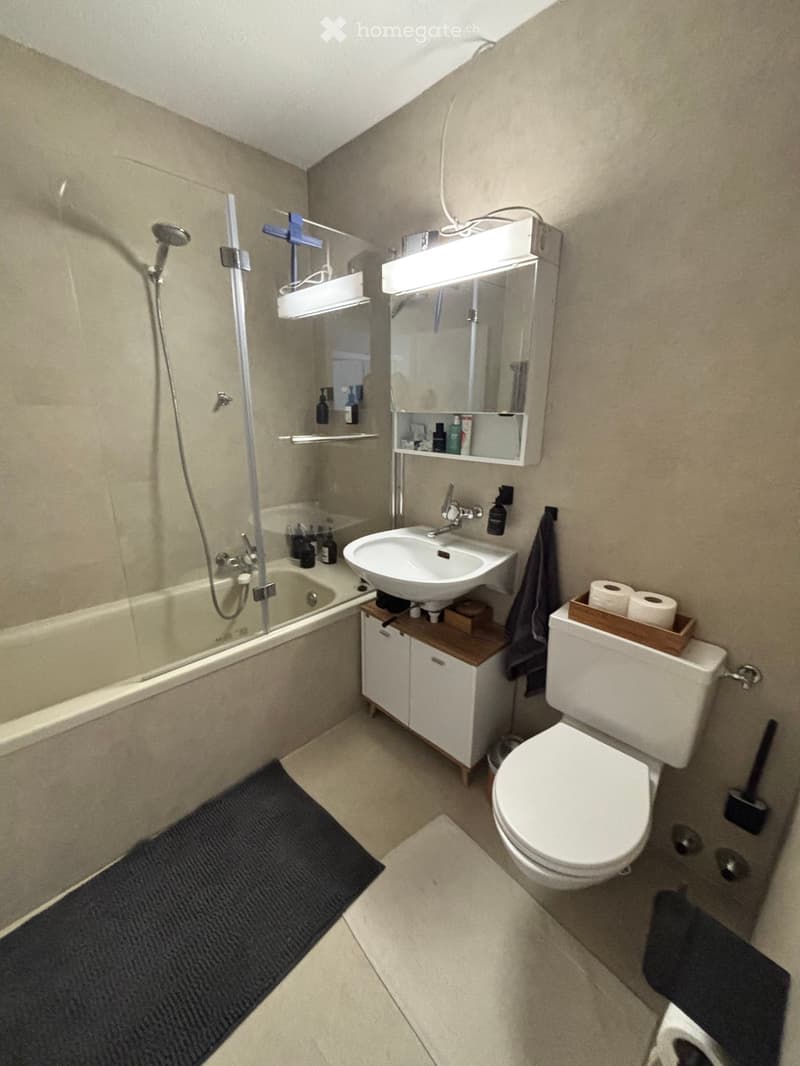 Modern bathroom with a bathtub, toilet, sink, mirror, and a small wooden cabinet. The space features a glass shower enclosure and a dark-colored bath mat on the floor.