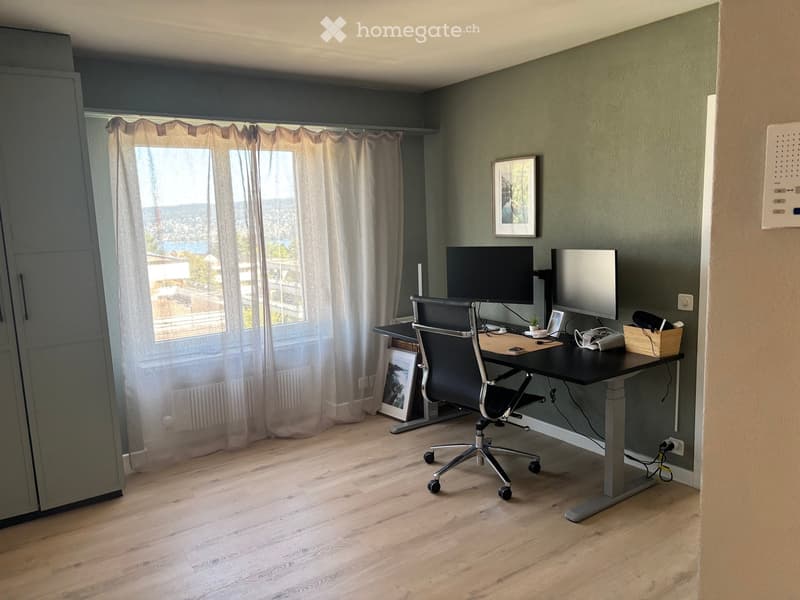 A modern, well-lit room with wooden flooring, a large window with sheer curtains, a desk with two screens, a black office chair, and a small potted plant.