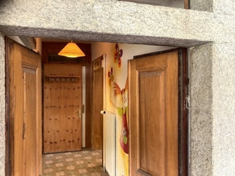 A narrow hallway with wooden doors on both sides, a hanging light fixture, and a colorful wall mural featuring butterflies.