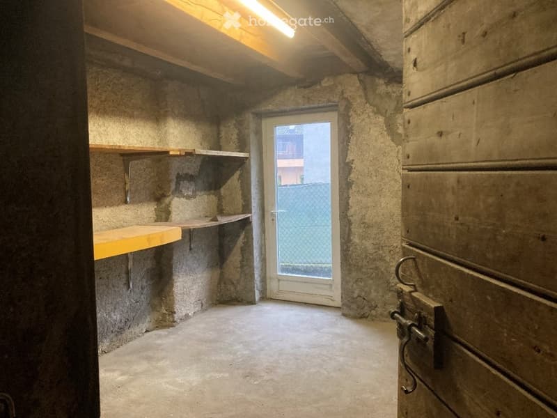 Empty basement or storage room with concrete walls, wooden shelves, and a small windowed door leading outside.