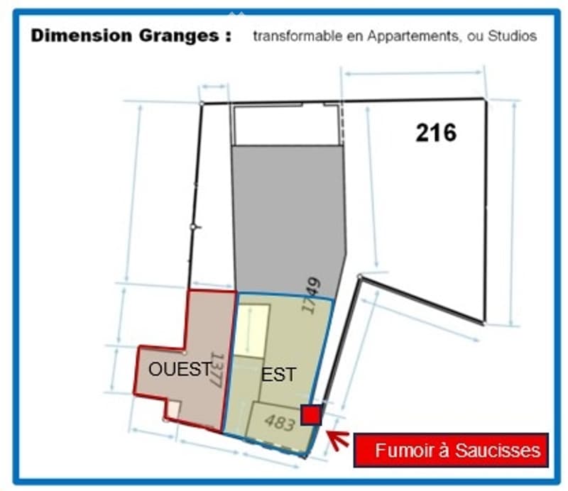 Floor plan of a large space labeled "Dimension Granges" with dimensions and orientation labels (OUEST, EST). The plan includes a section marked "Fumoir à Saucisse" (Smoker for Sausages).