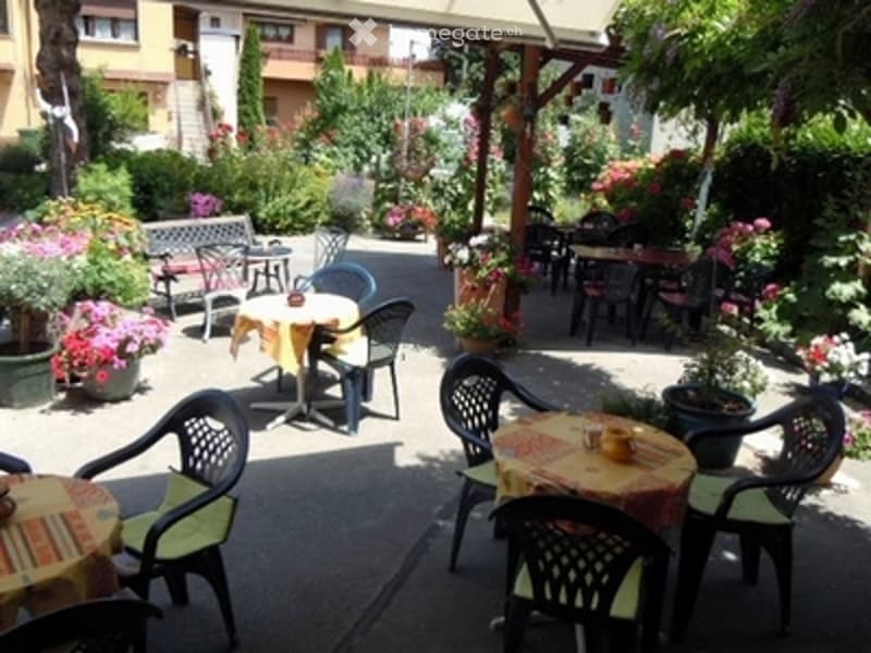 Garden area with outdoor seating, tables, and chairs arranged under a pergola, surrounded by potted plants and flowers.
