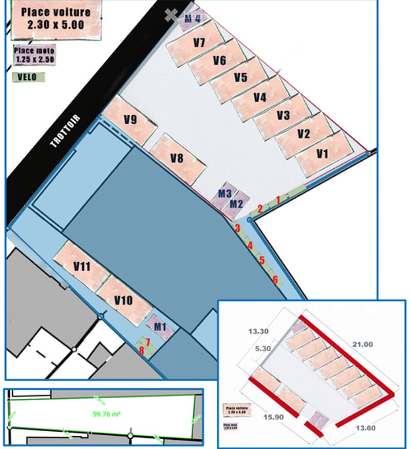 Floor plan of a parking area with labeled spaces (V1-V11, M1-M4) and designated zones for vehicles and motorcycles.