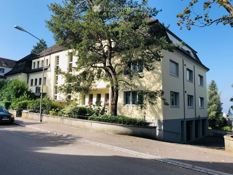A multi-story residential building with light yellow walls, multiple windows, and a tree in front. A car is parked on the left side, and there is a raised ground floor with a small garden area.