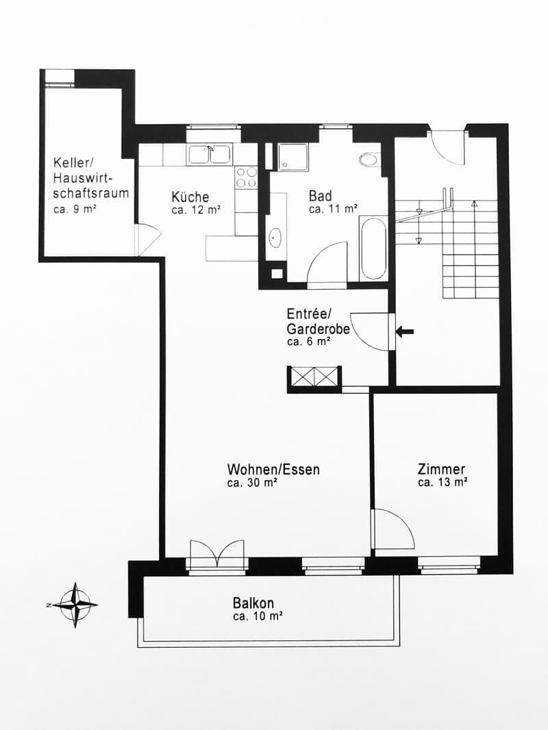 Floor plan showing a kitchen, bathroom, living/dining area, bedroom, hallway, utility room, and balcony.