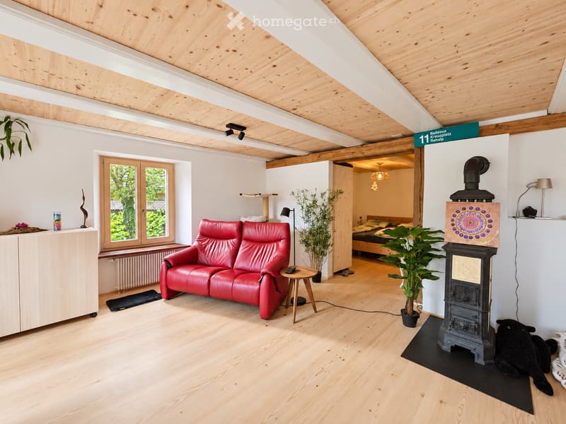 Bright living room with wooden floors, red leather sofa, small wooden stool, fireplace, cat tree, and plants.