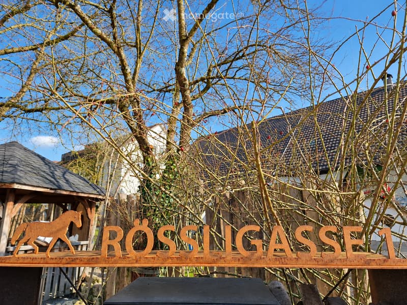 A garden area with a wooden sign reading "RÖSSLIGASSE" and a decorative horse silhouette, surrounded by bare trees and a small wooden gazebo.