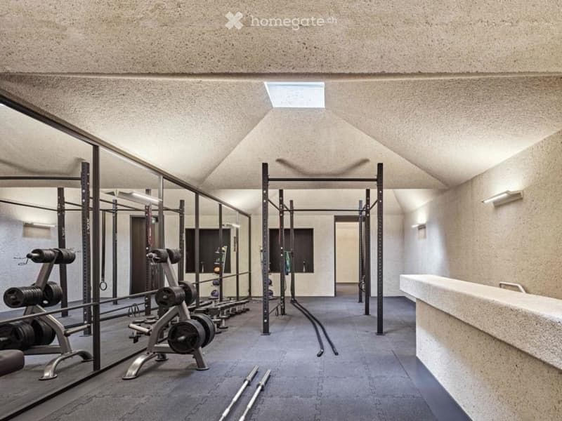 Modern gym area with weight machines, benches, mirrors, weight plates, and bars. The space features a concrete ceiling and walls, with a sleek, minimalist design.