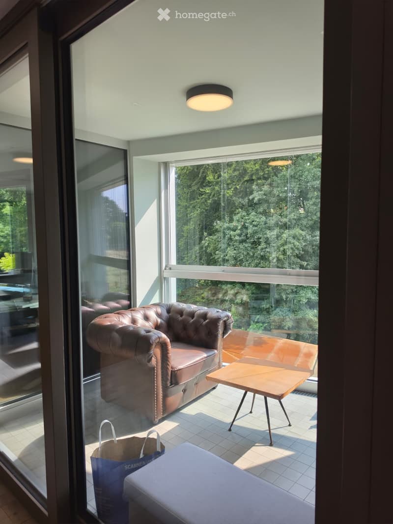 A modern living room with a brown leather sofa, a wooden coffee table, and a handbag on the floor, with large windows offering a view of greenery.