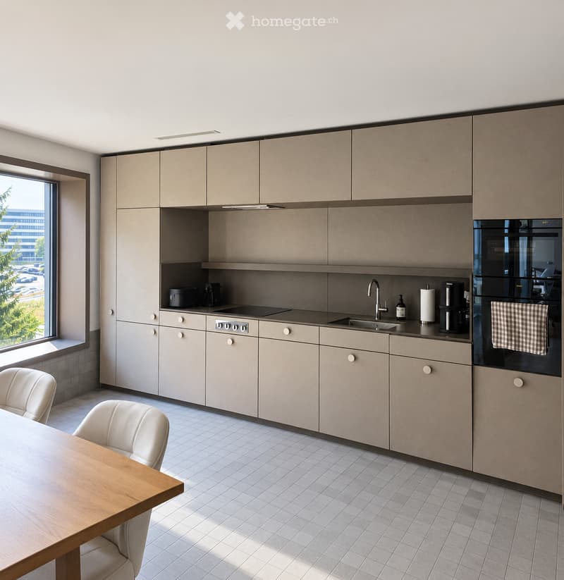 Modern kitchen with light grey cabinets, a wooden dining table, white chairs, and various appliances including a coffee maker, refrigerator, and oven.