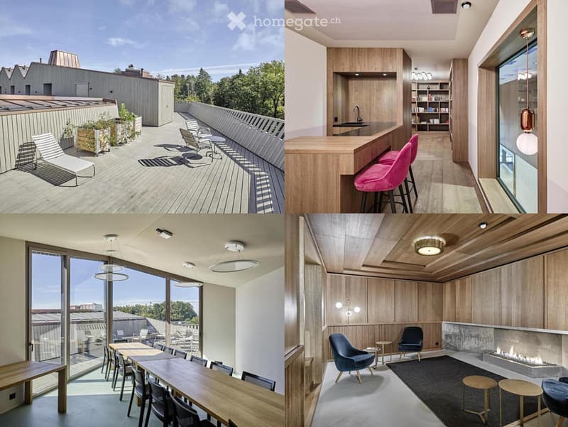 Four images showing a modern house with a rooftop terrace, kitchen, dining area, and living room. The terrace features lounge chairs and planters, the kitchen has a bar counter and stools, the dining area includes a long wooden table and chairs, and the l