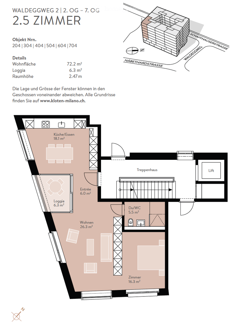Floor plan of a 2.5-room apartment with kitchen/dining area, living room, bedroom, bathroom, and loggia.