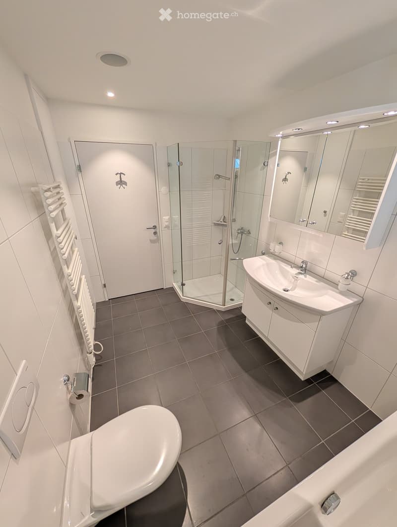 Modern bathroom with white tiles, a glass-enclosed shower, a toilet, a sink with a mirror, and a radiator.