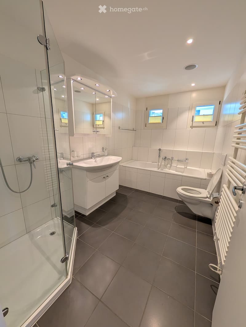 Modern bathroom with white tiles, dark grey floor tiles, a sink, bathtub, toilet, shower, and a radiator.