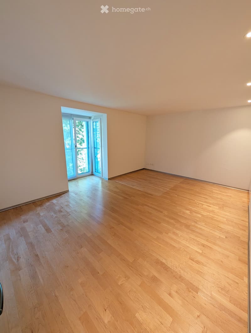 Empty room with light wooden flooring and white walls, featuring a large sliding glass door leading outside.