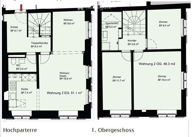 Floor plan of a two-story building with two apartments: one on the ground floor (51.1 m²) and one on the first floor (48.3 m²). Ground floor includes entrance, living room, kitchen, WC, and corridor. First floor includes living room, two bedrooms, bathroo
