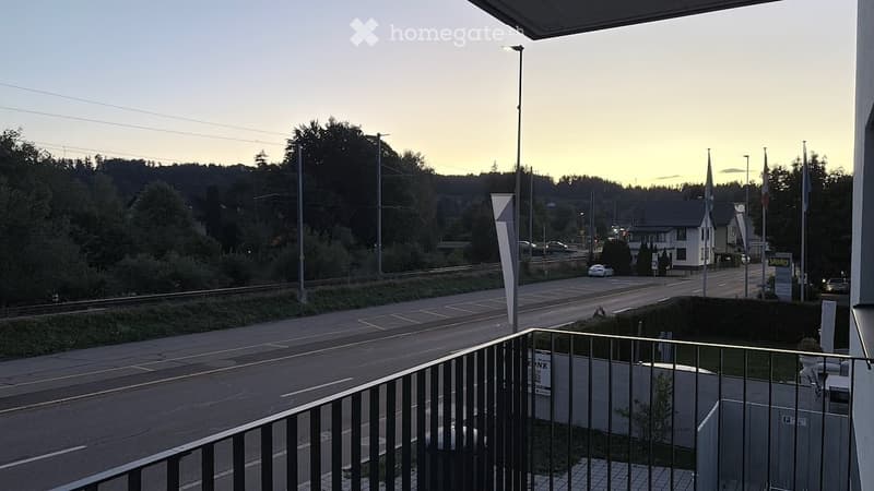 Balcony overlooking a road with traffic, surrounded by trees and distant buildings.