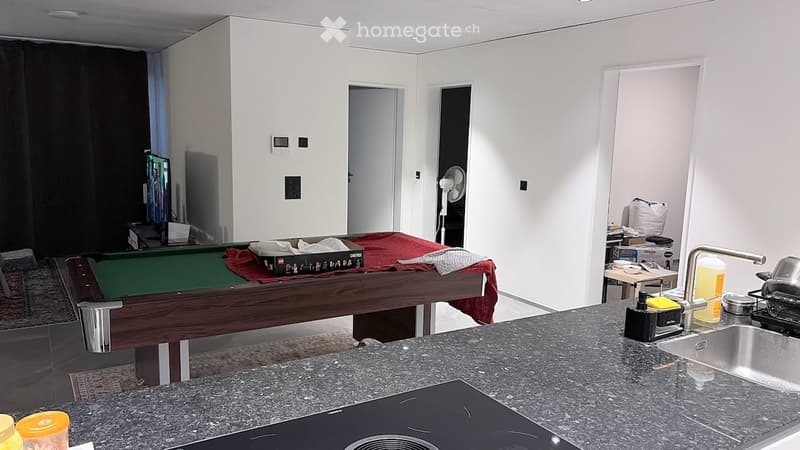 A modern, open-plan room features a pool table with a green felt surface, a television on a stand, a fan, and a kitchen area with a sink, countertop, and oven.