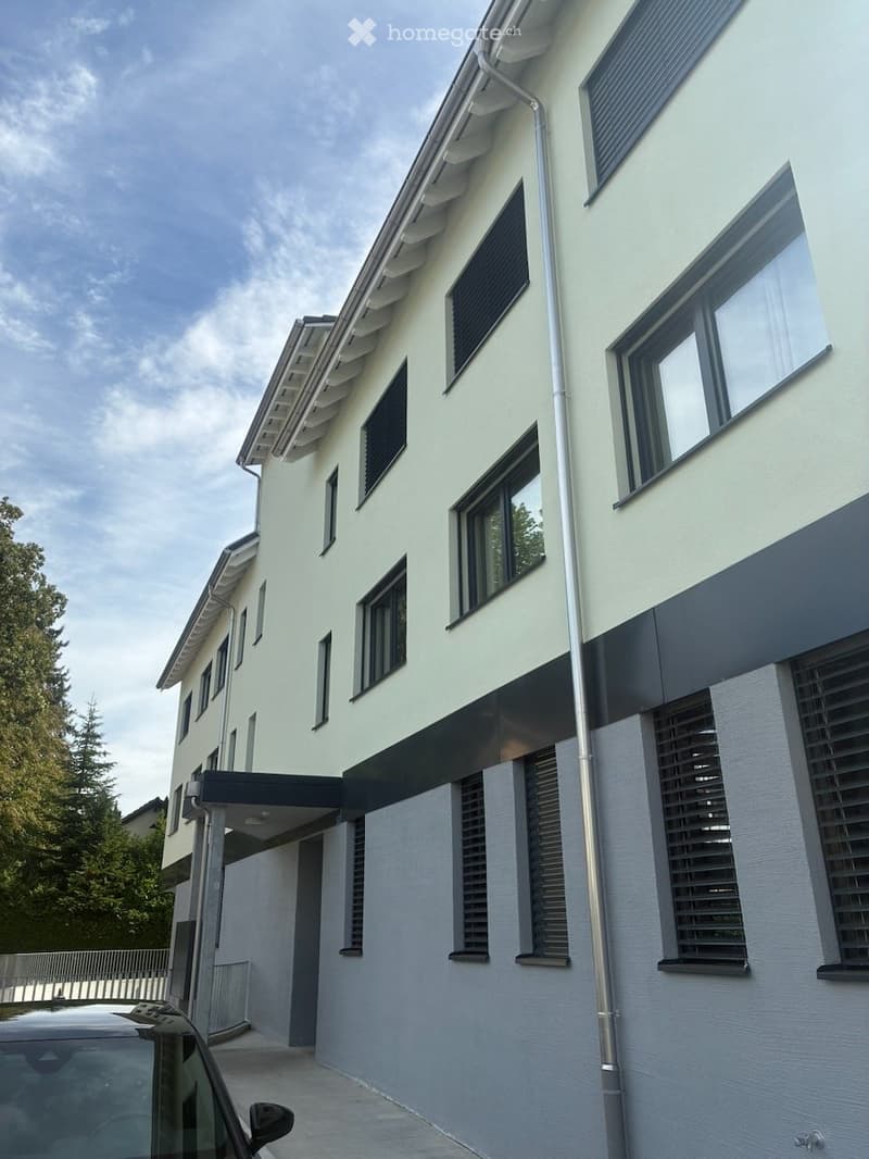 Modern two-story house with light green and grey exterior, multiple windows with black shutters, and a covered entrance area.
