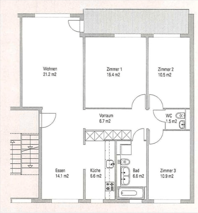 Floor plan of a 4-room apartment with living room, dining area, kitchen, 3 bedrooms, bathroom, and WC.