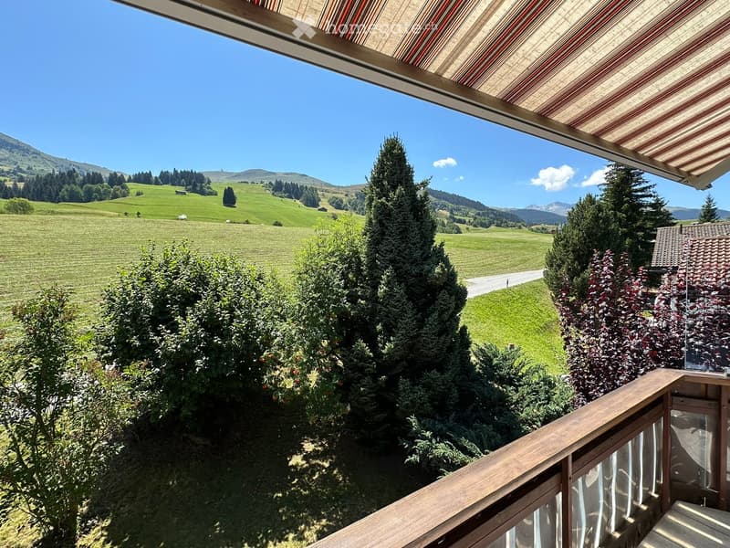 Balcony with wooden railing overlooking a lush green valley and distant mountains under a clear blue sky.
