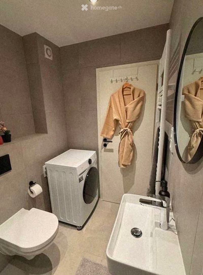Bathroom with a toilet, washing machine, sink, mirror, and a bathrobe hanging on the door.
