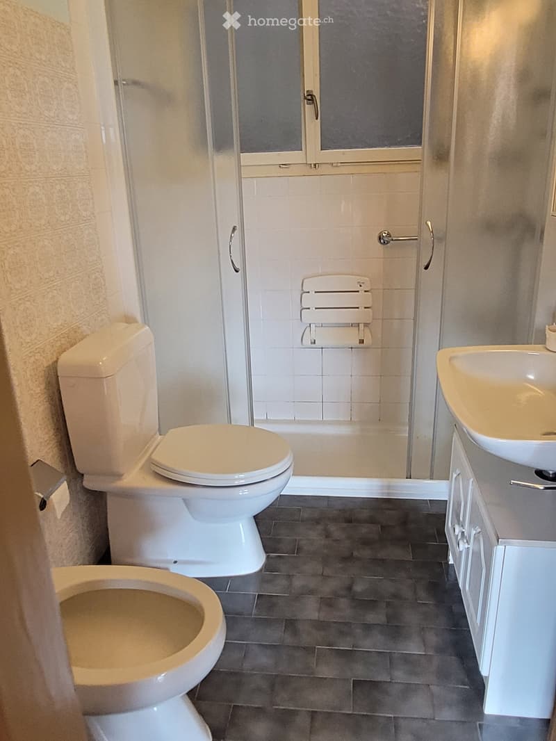 Bathroom with toilet, shower stall, vanity with sink, and tile flooring.